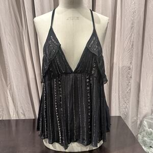 Free People Beaded Rayon Babydoll Ruffle Top L